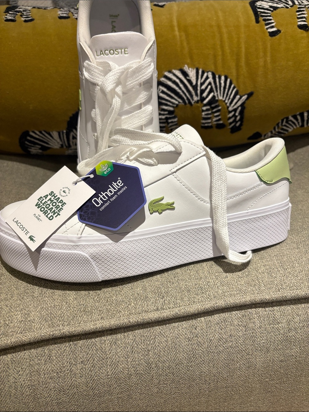 Lacoste White Sneakers with Light Green Heel and Logo